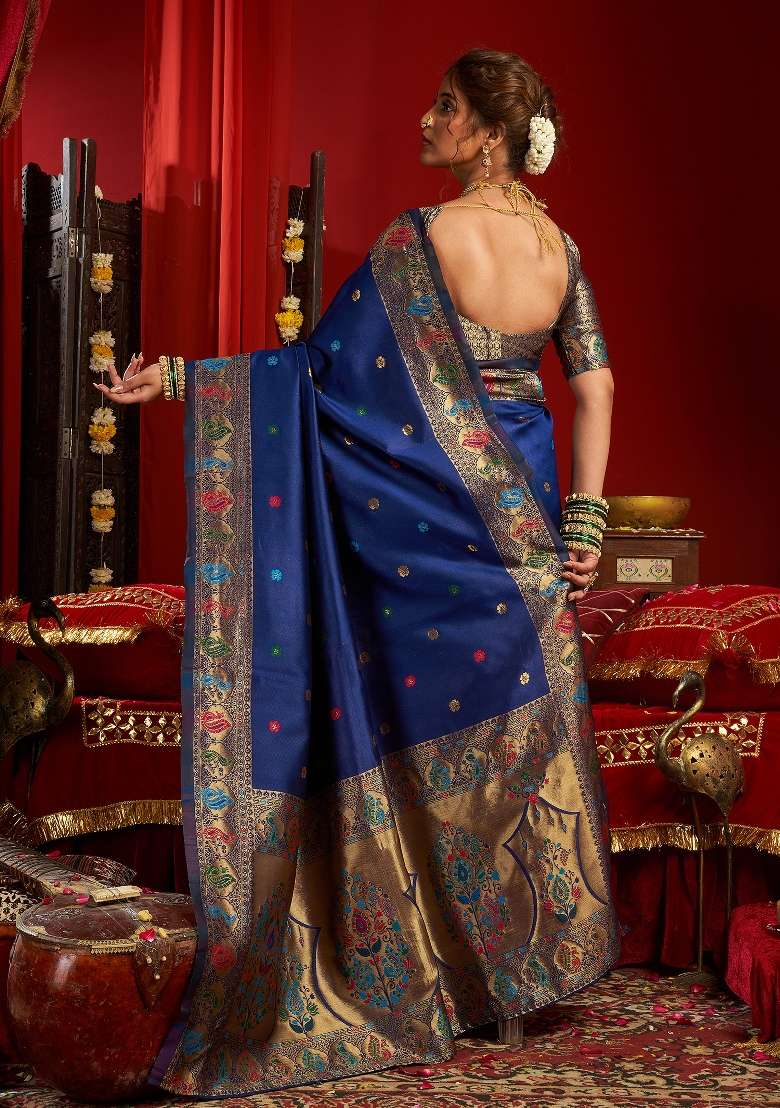 Royal Blue Silk Blend Saree Set with Floral Print for Diwali | Wedding & Festive Wear - Indya