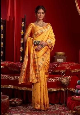 Light Orange Floral Print Silk Saree Set