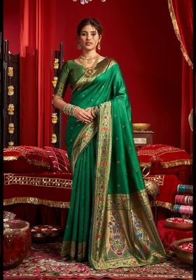 Green Floral Print Silk Blend Saree Set