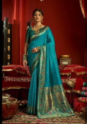 Aqua Blue Floral Print Silk Blend Saree Set