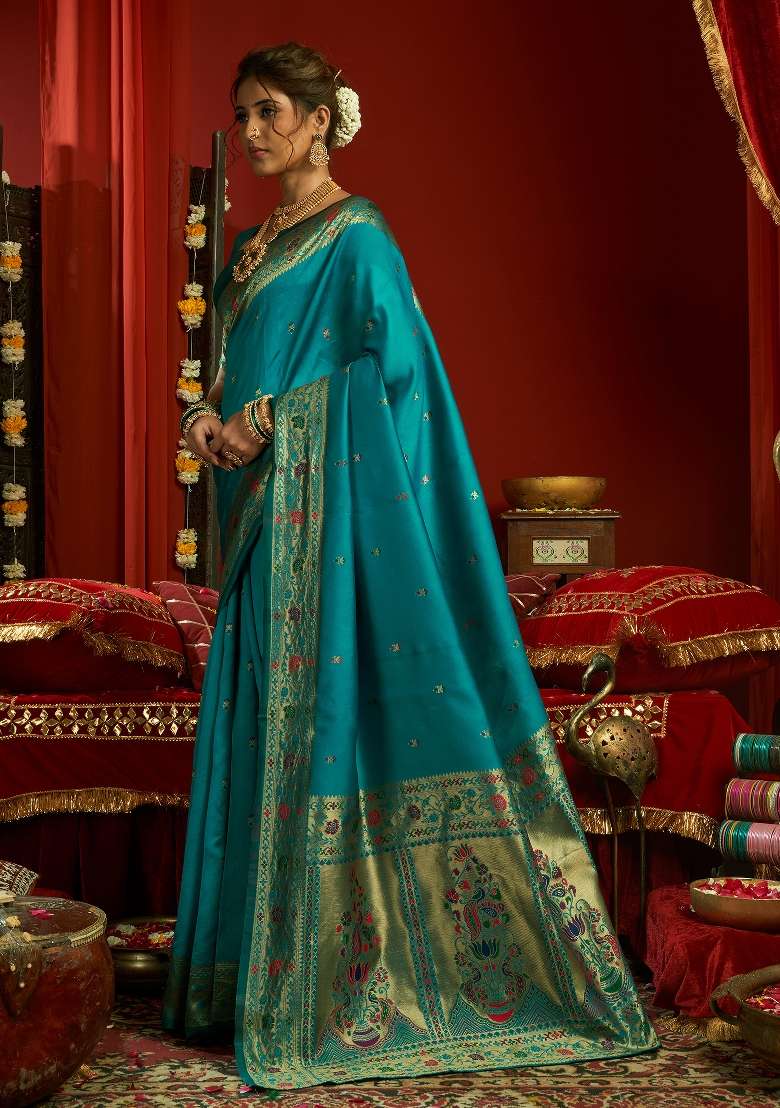 Aqua Blue Silk Blend Saree Set with Floral Print for Diwali | Wedding & Festive Wear - Indya