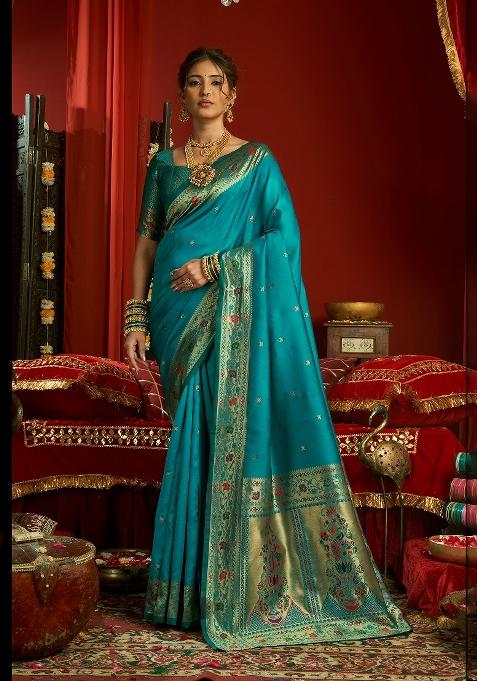 Aqua Blue Floral Print Silk Blend Saree Set