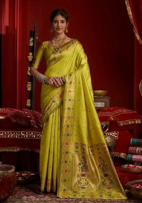 Lime Green Floral Print Silk Blend Saree Set