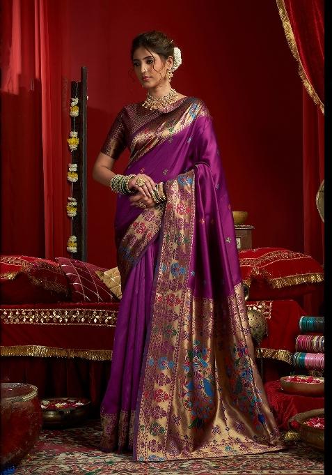Wine Butti Motifs Silk Saree Set — view on Indya
