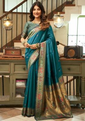 Dark Teal Peacock Motifs Silk Blend Saree Set