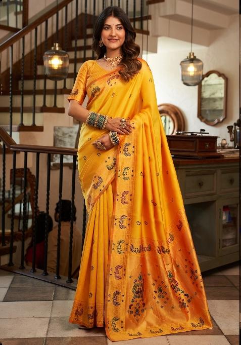 Orange Peacock Motifs Silk Saree Set