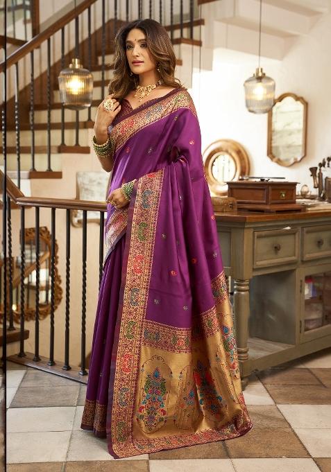 Purple Peacock Motifs Silk Saree Set