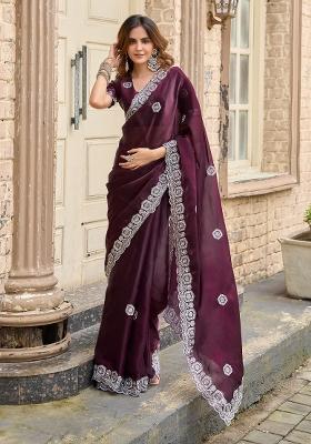 Wine Printed Chiffon Saree Set