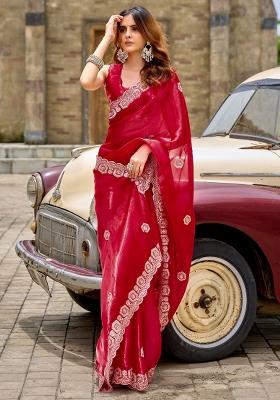 Red Printed Chiffon Saree Set