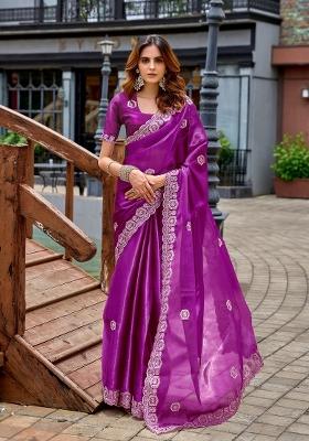 Purple Printed Chiffon Saree Set