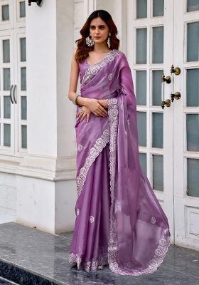 Lavender Printed Chiffon Saree Set