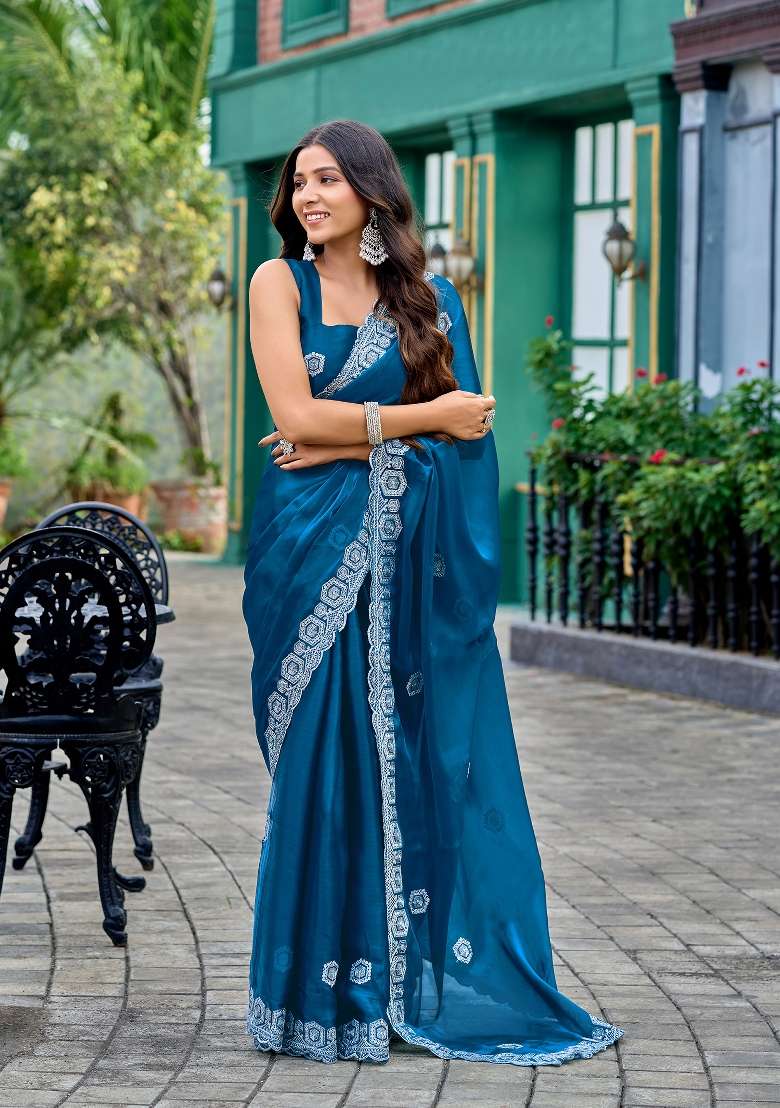 Teal Blue Chiffon Saree Set with Printed for Diwali | Wedding & Festive Wear - Indya