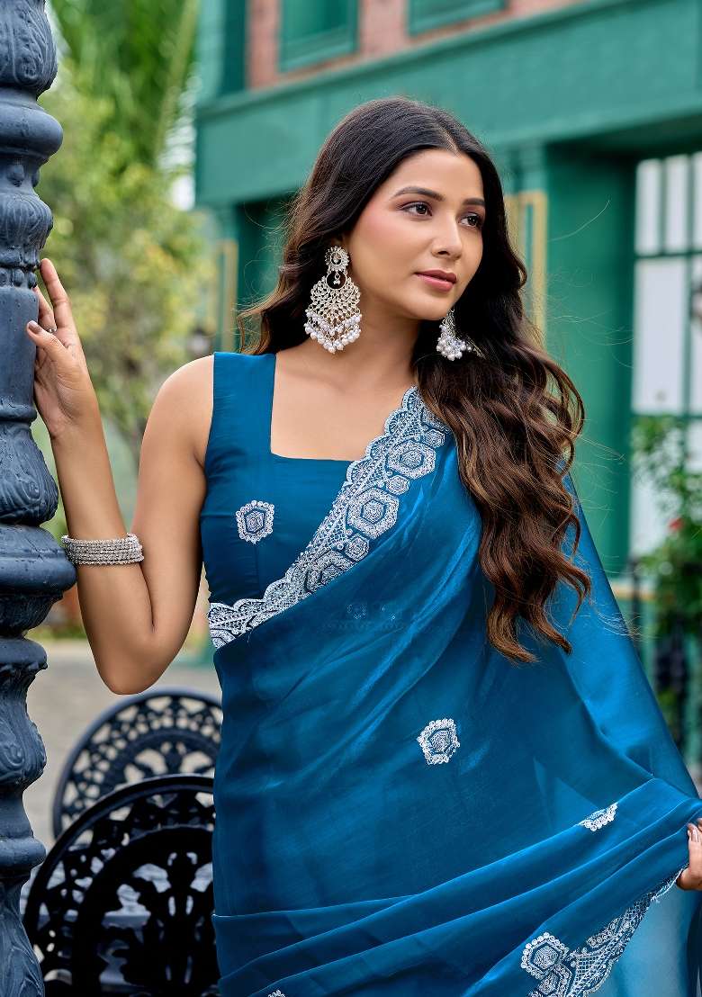 Teal Blue Chiffon Saree Set with Printed for Diwali | Wedding & Festive Wear - Indya
