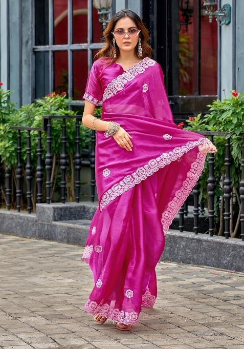 Pink Printed Chiffon Saree Set