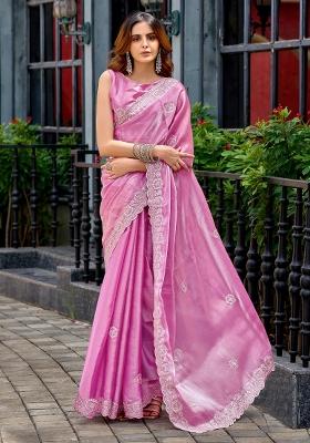 Baby Pink Printed Chiffon Saree Set