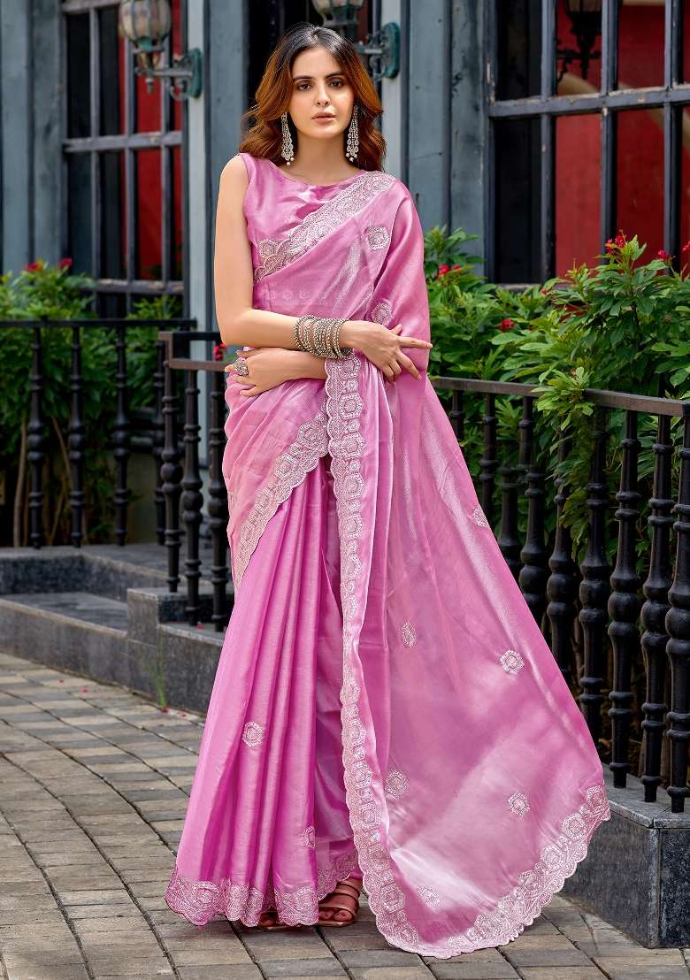 Baby Pink Printed Chiffon Saree Set for Diwali and Festive Wear - Indya
