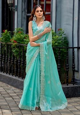 Sky Blue Printed Chiffon Saree Set