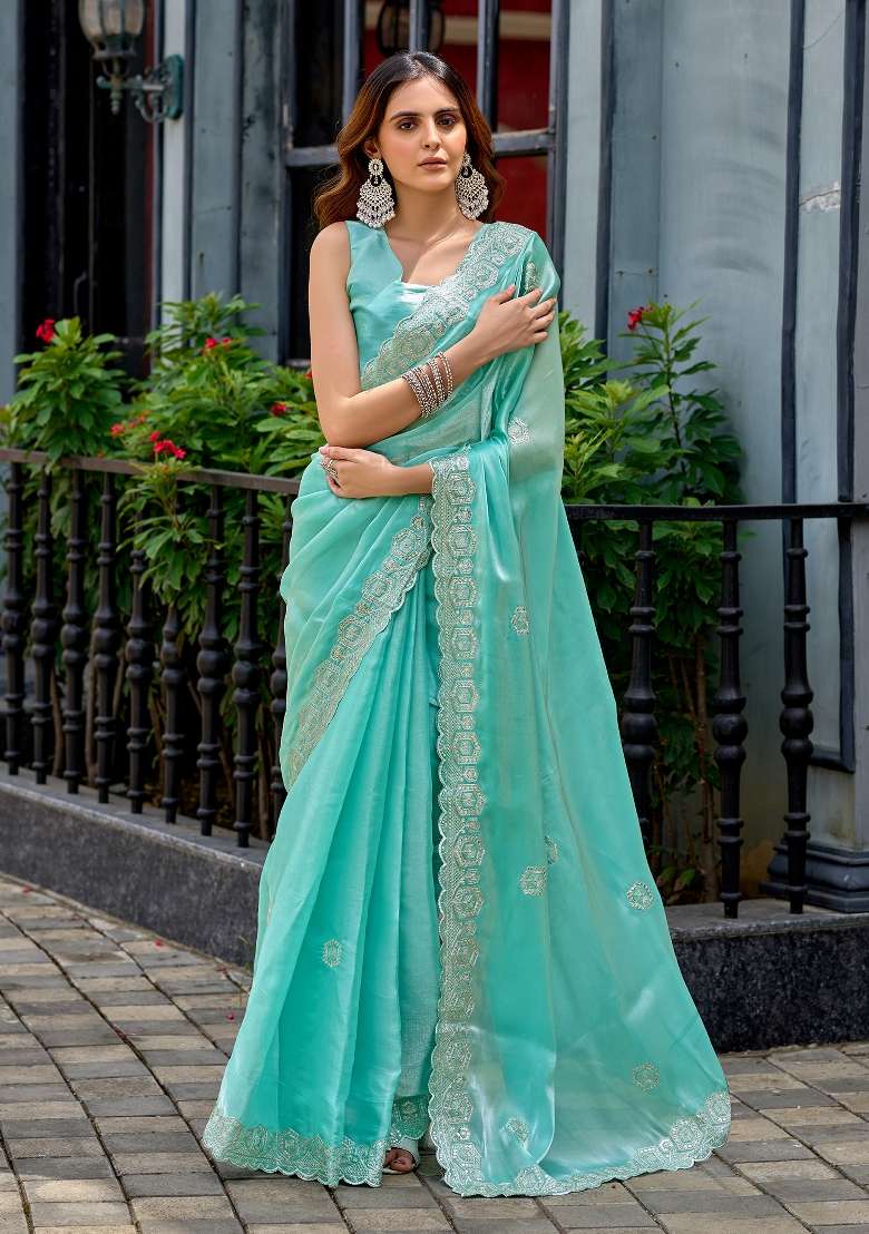 Sky Blue Chiffon Saree Set with Printed for Diwali | Wedding & Festive Wear - Indya