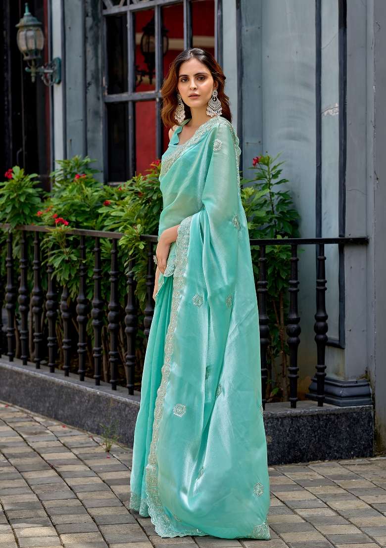 Sky Blue Chiffon Saree Set with Printed for Diwali | Wedding & Festive Wear - Indya