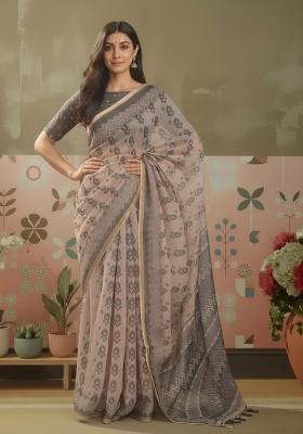 Beige Printed Silk Blend Saree Set