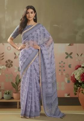 Lilac Printed Silk Blend Saree Set