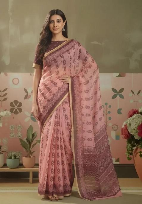 Pink Printed Silk Saree Set