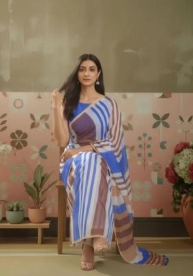 Blue Printed Silk Blend Saree Set