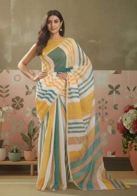 Yellow Printed Silk Blend Saree Set