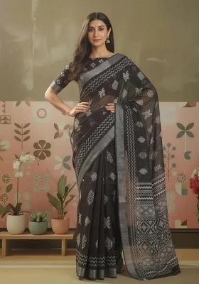 Black Printed Linen Saree Set
