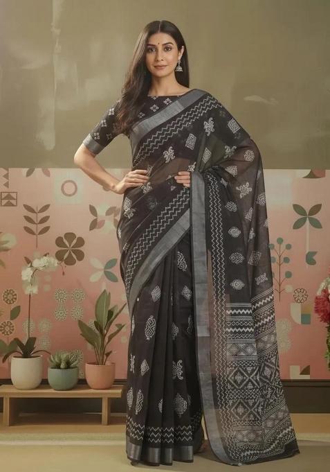 Black Printed Linen Saree Set