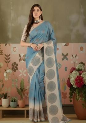 Blue Printed Silk Blend Saree Set