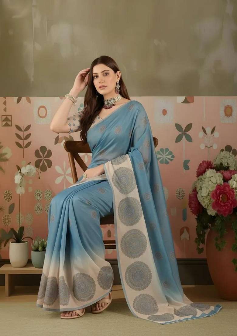 Blue Silk Blend Saree Set with Printed for Diwali | Wedding & Festive Wear - Indya