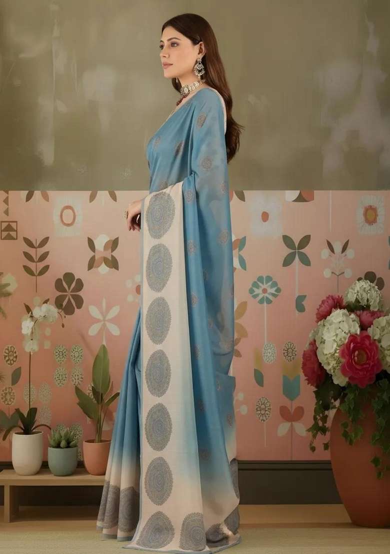 Blue Silk Blend Saree Set with Printed for Diwali | Wedding & Festive Wear - Indya