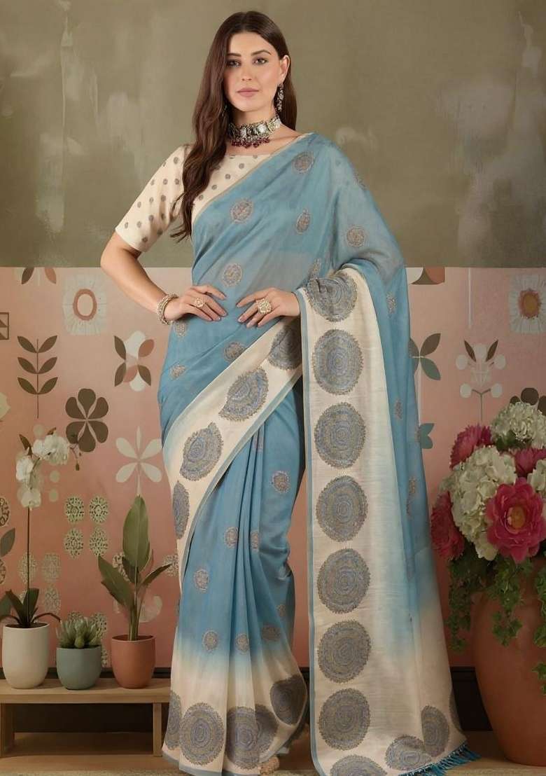 Blue Silk Blend Saree Set with Printed for Diwali | Wedding & Festive Wear - Indya