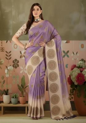 Lilac Printed Silk Blend Saree Set
