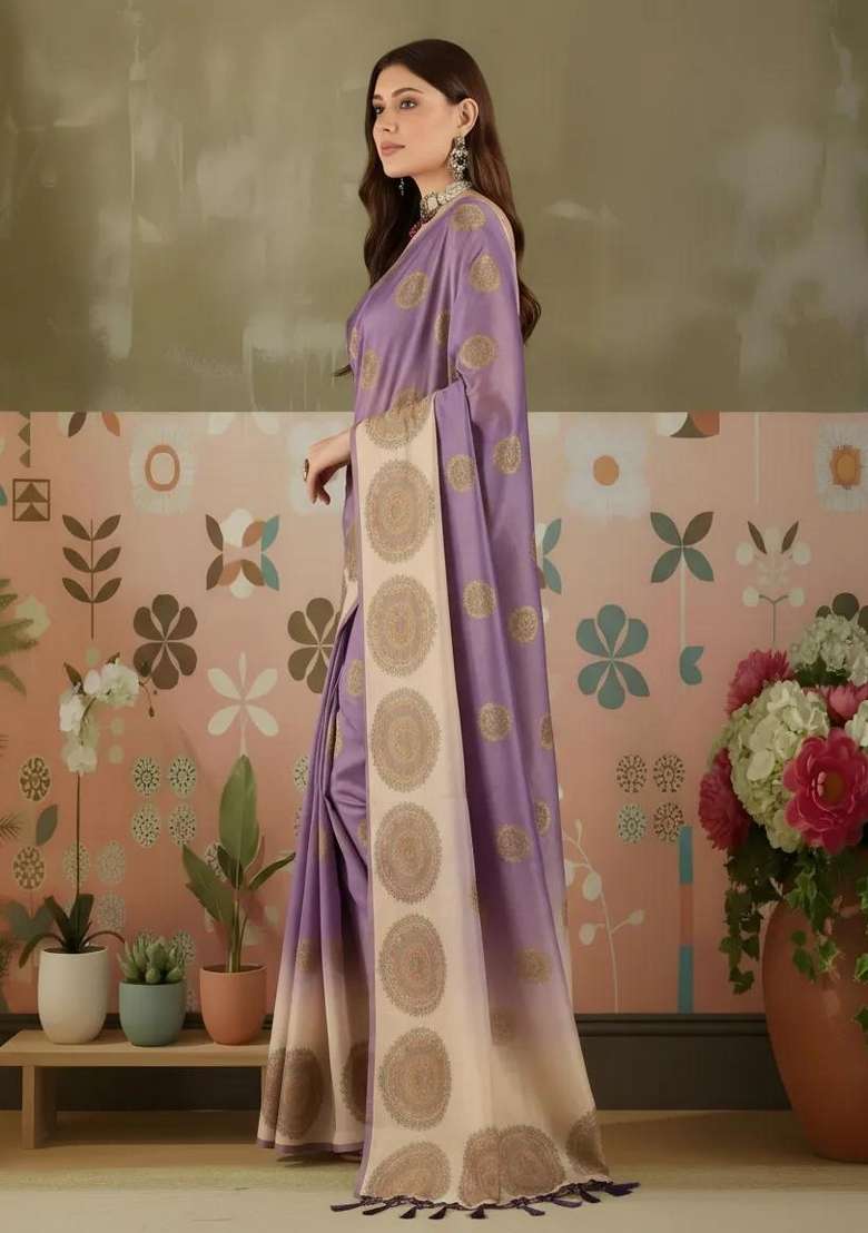 Lilac Silk Blend Saree Set with Printed for Diwali | Wedding & Festive Wear - Indya