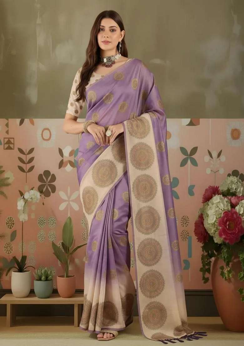 Lilac Silk Blend Saree Set with Printed for Diwali | Wedding & Festive Wear - Indya