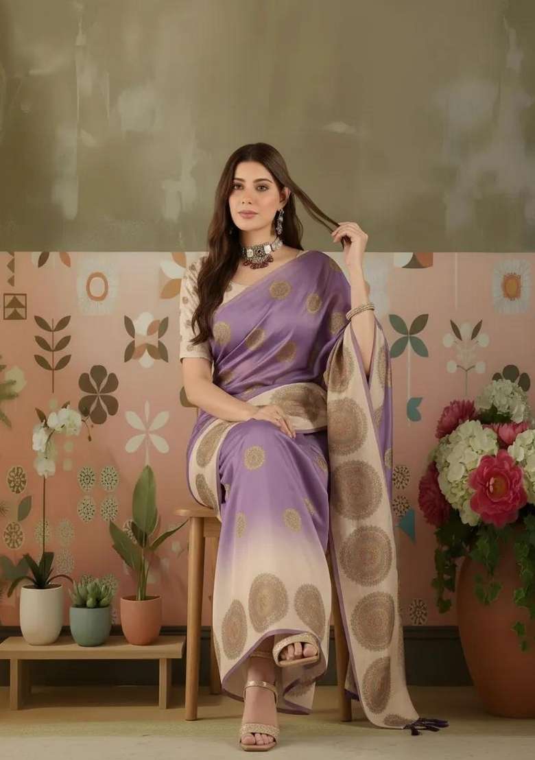 Lilac Silk Blend Saree Set with Printed for Diwali | Wedding & Festive Wear - Indya