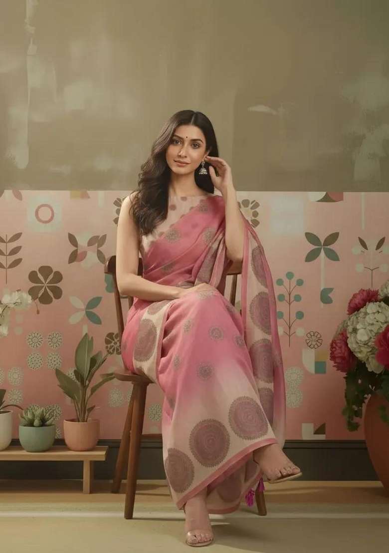 Pink Printed Silk Blend Saree Set for Diwali and Festive Wear - Indya