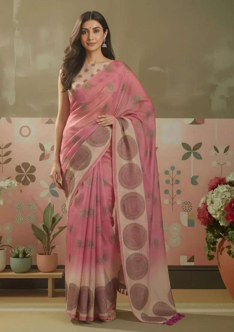 Pink Printed Silk Blend Saree Set for Diwali and Festive Wear - Indya