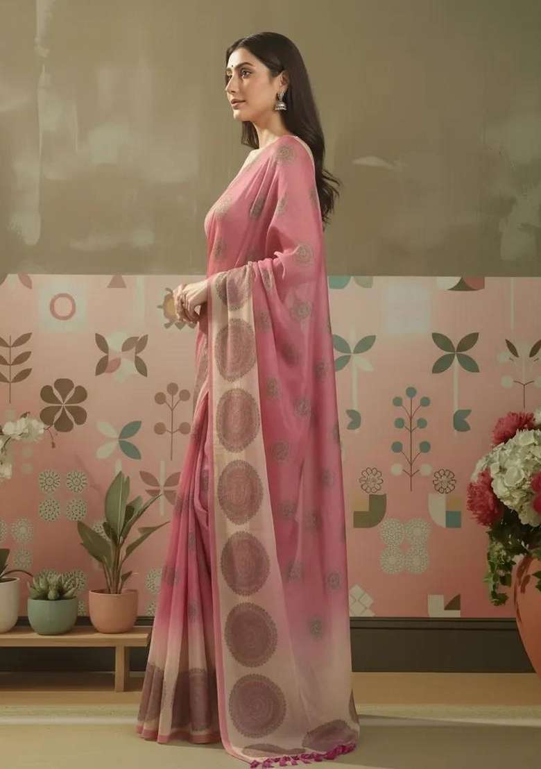 Pink Printed Silk Blend Saree Set for Diwali and Festive Wear - Indya