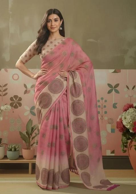 Pink Printed Silk Saree Set