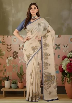Beige Printed Silk Blend Saree Set