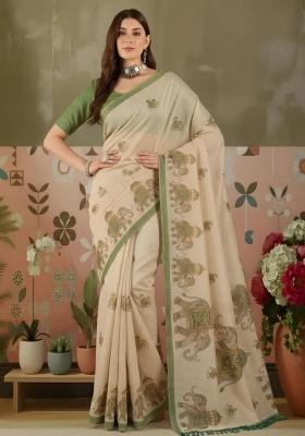 Beige Printed Silk Blend Saree Set