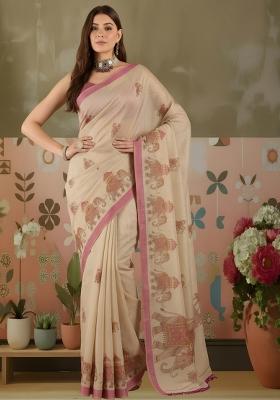 Beige Printed Silk Blend Saree Set