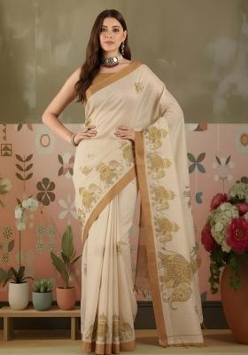 Beige Printed Silk Blend Saree Set