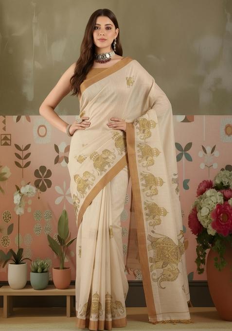 Beige Printed Silk Saree Set