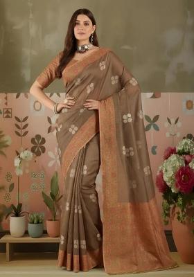 Brown Printed Silk Blend Saree Set