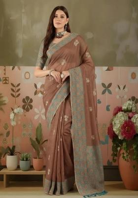 Coffee Printed Silk Blend Saree Set