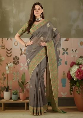 Grey Printed Silk Blend Saree Set